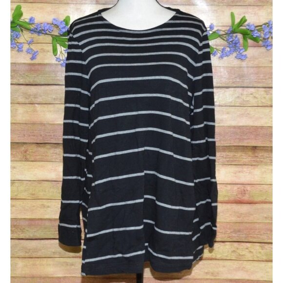 J. Jill Black Striped Pullover French Terry Sweatshirt Top Size L Pockets Casual - Picture 1 of 8